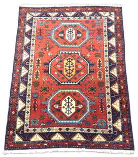 Hamadan Persian Rug 6' 7" x 4' 9": Measures: 6' 7" x 4' 9" Vintage hand knotted wool Persian Hamadan rug with geometrical hexagon medallion pattern. Colors: vibrant red, blues, beige, and yellow. Tightly woven short wool pile with