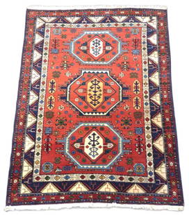 Hamadan Persian Rug 6' 7" x 4' 9": Measures: 6' 7" x 4' 9" Vintage hand knotted wool Persian Hamadan rug with geometrical hexagon medallion pattern. Colors: vibrant red, blues, beige, and yellow. Tightly woven short wool pile with