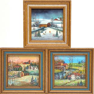 3 Pawinee McEntire Miniature Oil Paintings: Three original Pawinee McEntire miniature oil paintings on board. Each frame measures 4" by 4". Signed on both the front and back by artist.