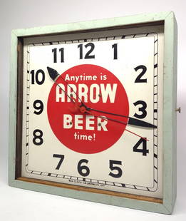 Arrow Beer PAM Advertising Clock: Early Arrow Beer advertising clock by PAM clock co, brooklyn, NY. "Anytime is Arrow Beer Time!". Original frame and dials. No glass. Vintage.