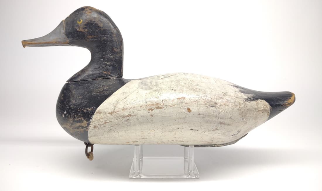 Bob McGaw Blue Bill Drake Duck Decoy: Working robert (Bob) Mcgaw bluebill drake decoy. t-bone weight on underside with straight bill/chin and original paint. 13" long.