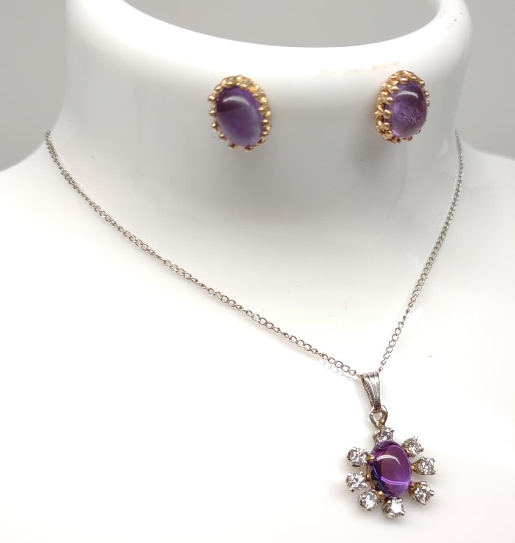 14K Cabochon Amethyst & Dia. Necklace & Earrings (1 of 10)