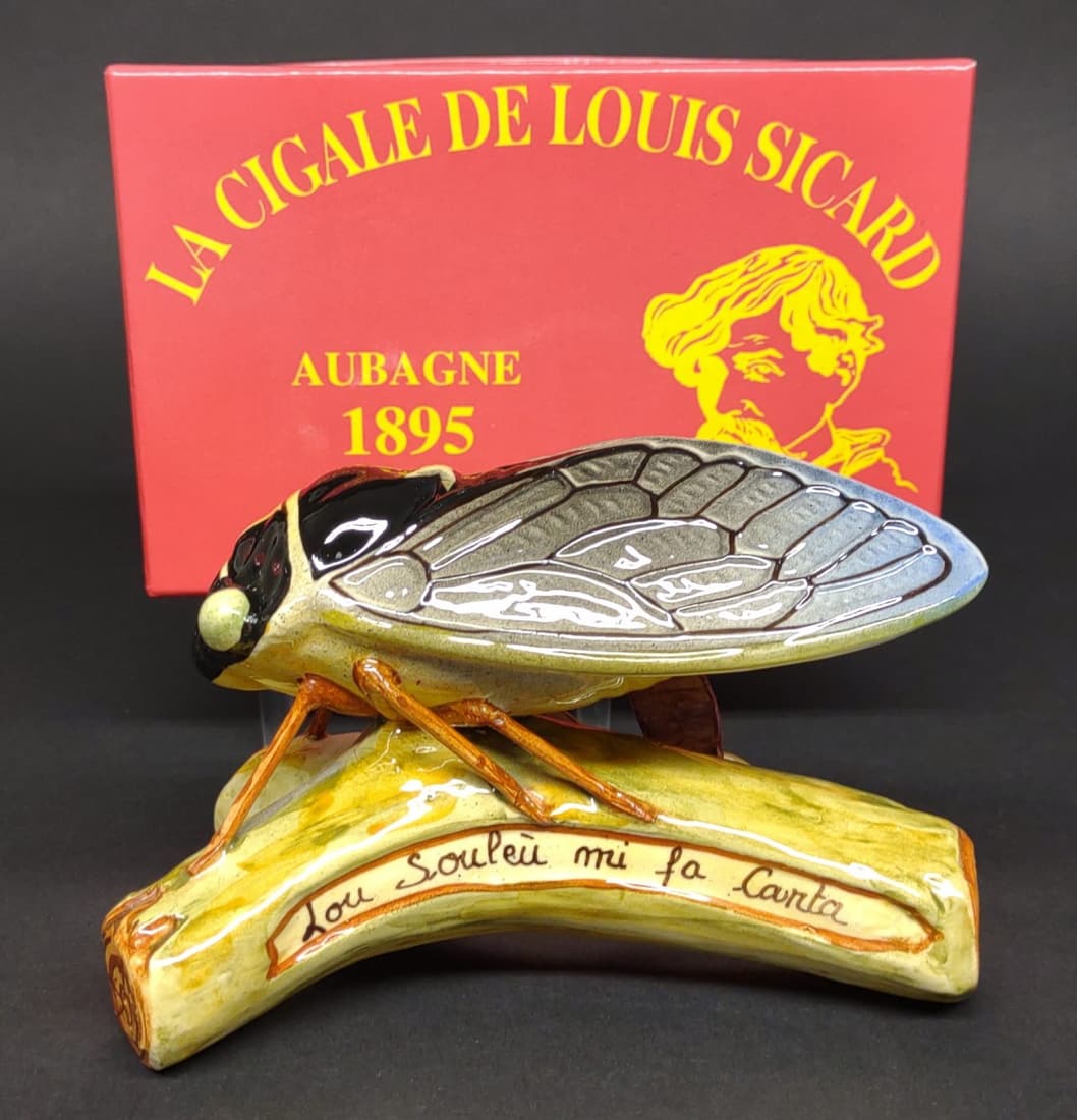 Louis Sicard Majolica Cicada Sculpture w/ Box: Louis Sicard (French) limited numbered majolica ceramic cicada sculpture / figure with original box and paperwork. Titled "Lou Souleu Mi Fa Canta'. #438 of 2500. Dated 1995.