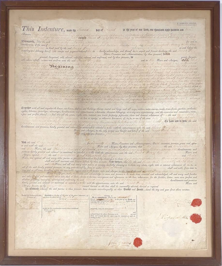 1810 Chester County, Pennsylvania Land Deed Auction