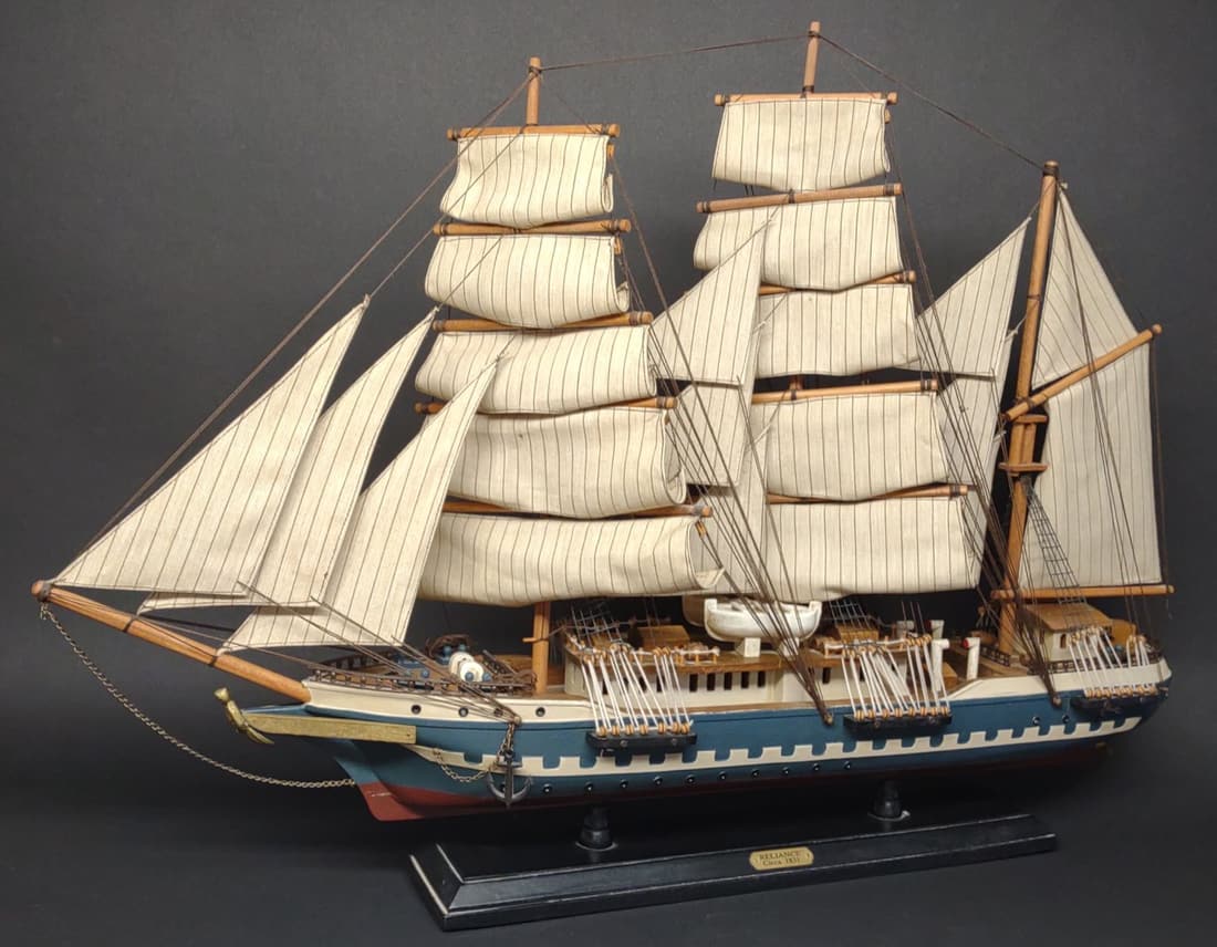 Reliance Scale Ship Model (32" long): Wooden 'Reliance' ship scale model on stand. 32" long, 23" tall. (NOTE: International In-house Shipping is NOT Available For This Item. 3rd Party shipping or private shipping arrangement only.