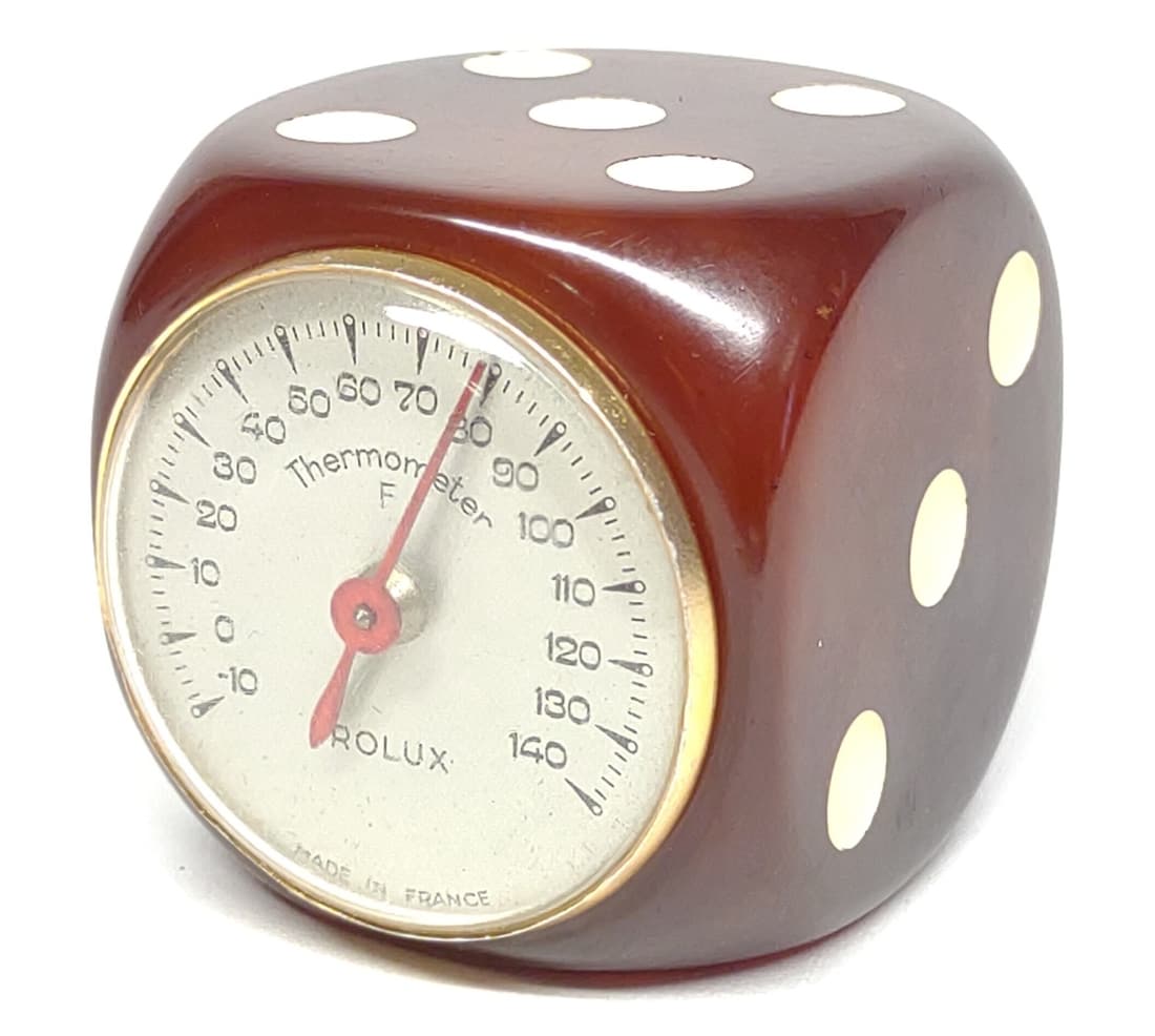 Vintage Bakelite Rolux Dice Thermometer (Works): Vintage bakelite dice shaped thermometer by Rolux. Made in France. Bakelite has been tested.