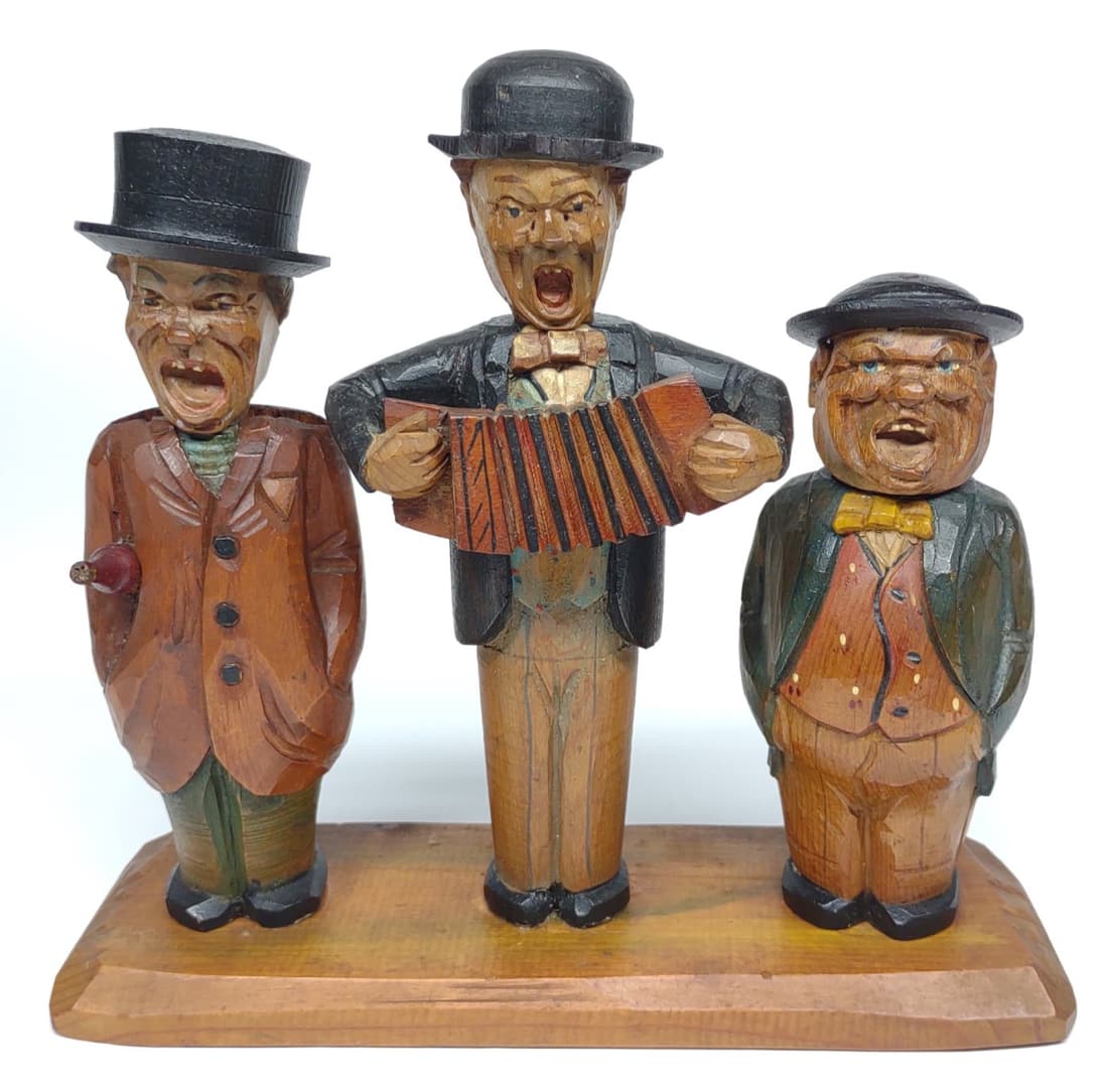 Anri Carved Wood Bar Set: Vintage ANRI carved wood Musical Trio bar set. Two of the characters heads are bar tools, consisting of bottle opener and cork screw.