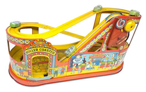 Chein #275 Wind-Up Roller Coaster Toy w/ 4 Cars: A vintage tin litho wind up roller coaster by J Chein. #275. Includes 4 original green roller coaster cars. One car is missing front wheels. Wind up mechanism is in working condition with ringing bell