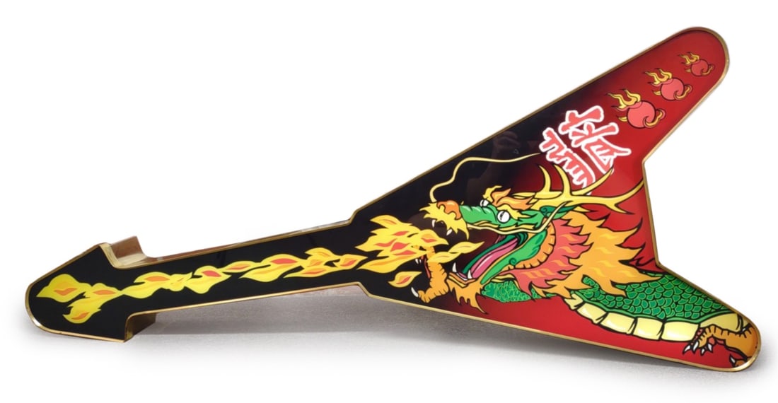 Neon Dragon Guitar Sign (54" long): Large 'V' guitar shaped florescent dragon display sign with triple cherries and Chinese writing. Florescent tubes are in good, working condition. Metal boxed. Uses standard wall outlet. 54" in length.