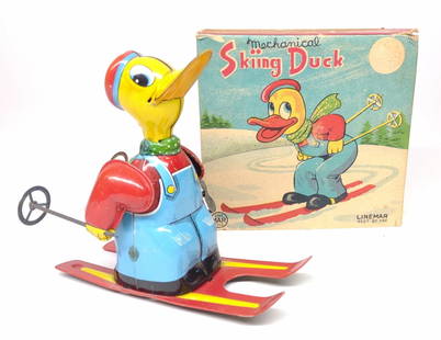 Linemar Wind-Up Skiing Duck Toy w/ Box: Linemar Japan mechanical wind up Skiing Duck with original box. Working condition.