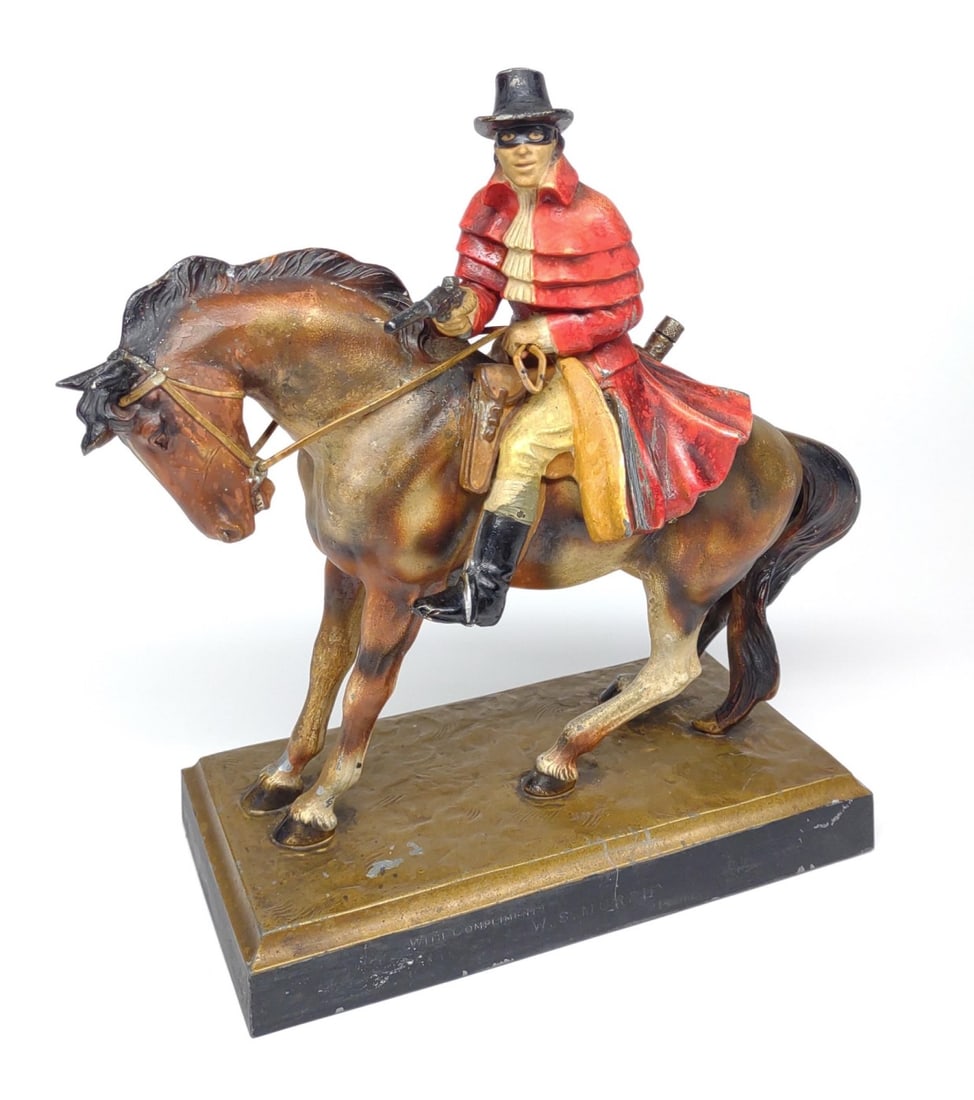 Art Deco Cigar Striker Lighter of Highwayman: A vintage 1930s, art deco cigar / cigarette match striker lighter of figural painted highwayman on horse with pistol pulled. Pistol has repair present. Includes strike rod. UPDATE NOTE: International 