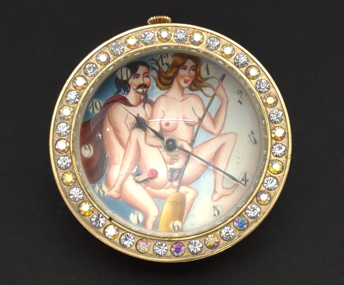 Doxa Erotic Ball Clock (Works): An antique, Early 1900s, Doxa erotic nude paperweight ball clock with rhinestone accents. Great, working condition.