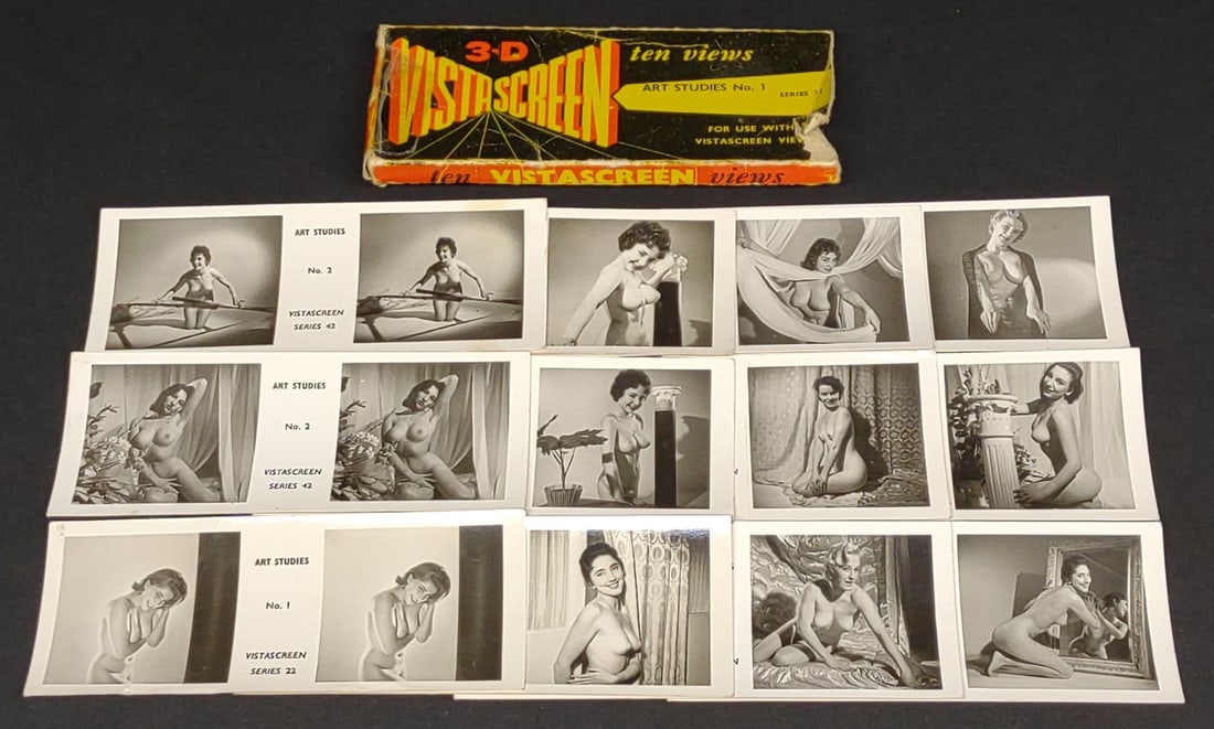 1950s Stereoview Nude Slides (Vista Screen): A group of 12 vintage, 1950s, Vistascreen 3d stereo viewer slides of nude women. Includes Art Studies no. 1 with 3 slides and box. Also includes Art Studies no. 2 with 9 slides.