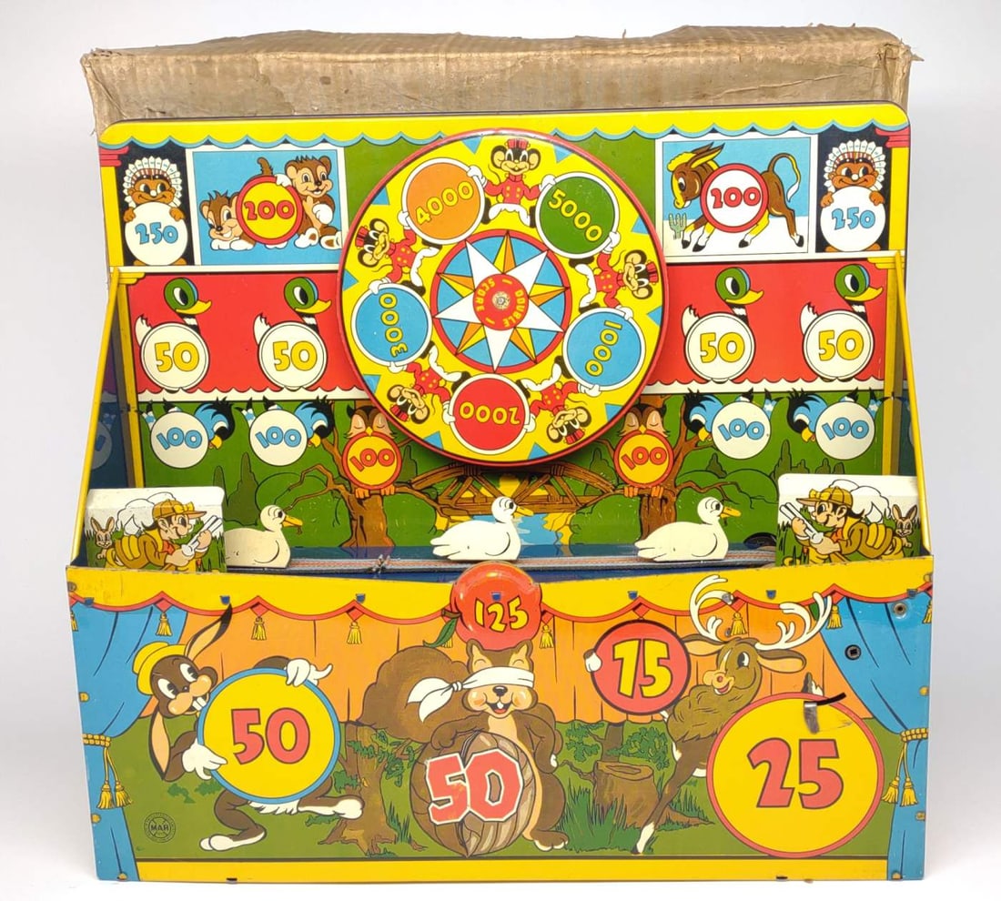 Marx Mechanical Shooting Gallery Toy w/ Box: Vintage tin litho wind-up shooting gallery by Louis Marx & Co. Good condition. Key and gun not included. Box shows signs of wear.