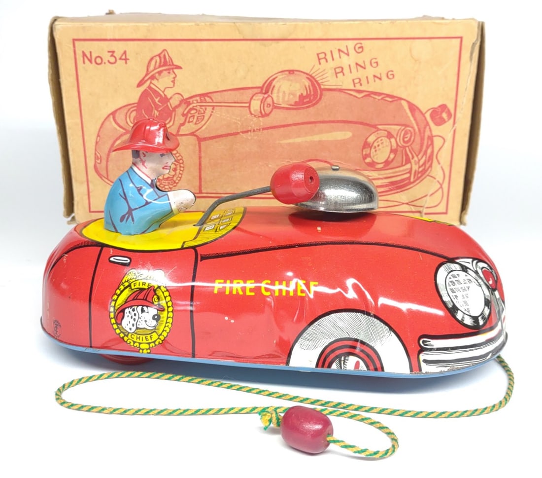 T. Cohn Tin Litho #34 Metal Fire Chief Toy w/ Box (1 of 10)