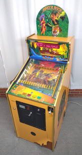 Jungle Rock Coin Op Arcade Machine (1999, Works): A 1999 coin operated pachinko style arcade machine. Jungle Rock by American Alpha. Model no 221. Pull ball shooting lever and try and land in lighted slots. If successful, you move onto the next level