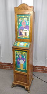 Zambini Fortune Teller Coin Op Machine (Works): 1990s 25 cent coin operated The great Zambini Fortune teller arcade machine. Working condition. Freestanding upright cabinet version.Please self arrange private shipping service (eg. uShip or Uber Fre