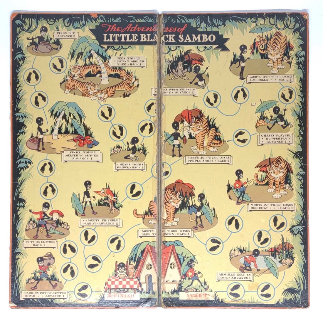 1945 Little Black Sambo Board Game (Board Only): A vintage, 1945 black americana board game by Cadaco Ellis. The adventures of Little Black Sambo. Board only. Worn on corners and center fold.