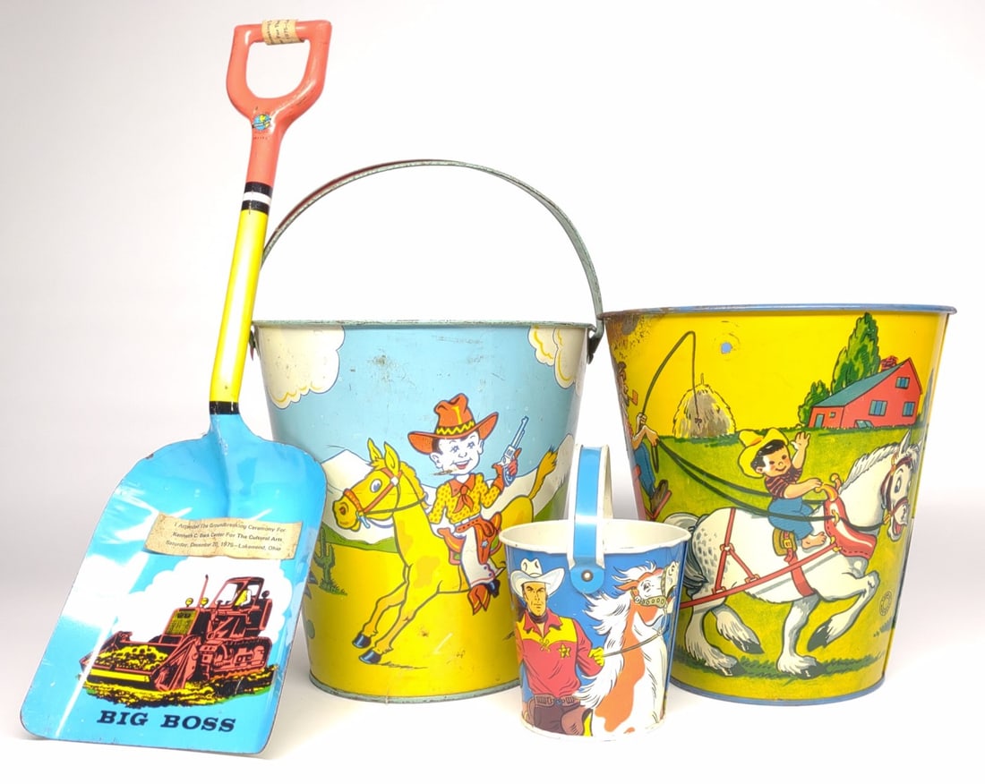 4 Western Tin Litho Sant Pails, Buckets & Shovel (1 of 14)