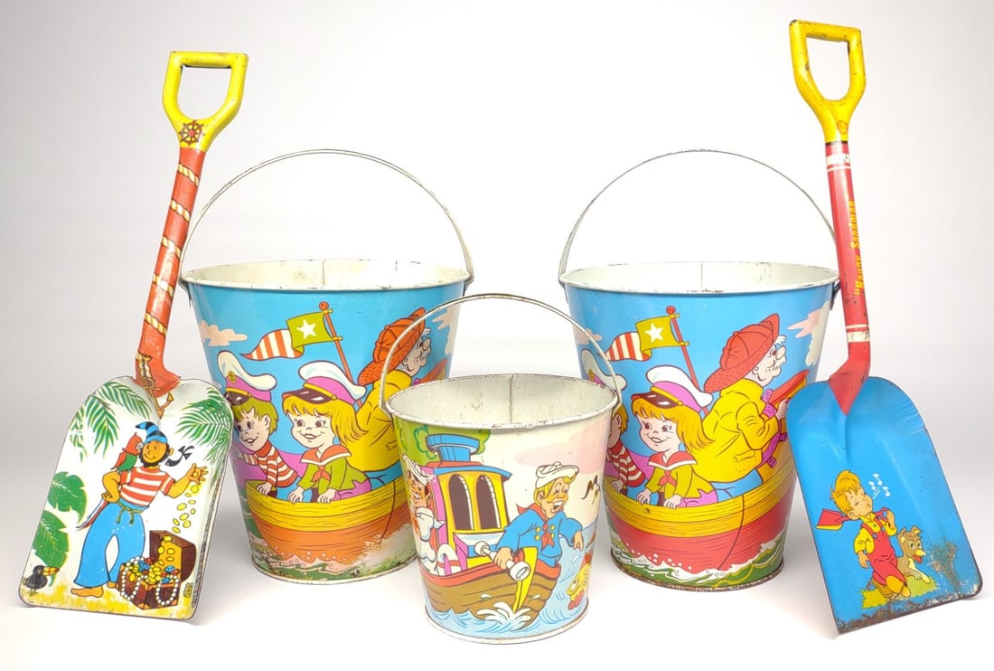 5 Ohio Art Tin Litho Sand Pails & Shovels (1 of 14)
