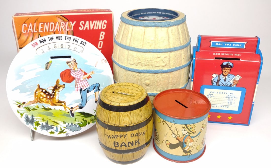 5 Tin Litho Coin Still Banks (1 of 13)