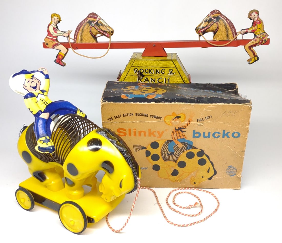 Courtland Wind-Up Rocking Ranch & Slinky Bucko: A vintage tin litho mechanical wind up Courtland Rocking Ranch toy and Slinky Bucko pull toy with box (Box needs restoration). rocking ranch is in working condition.