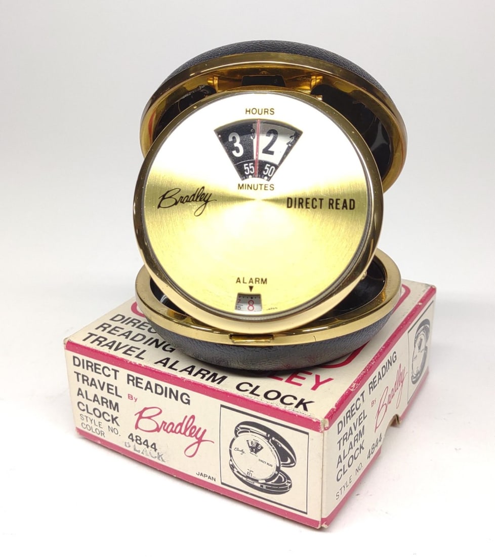 Vintage Bradley Travel Alarm Clock w/ Box #4844: A vintage direct reading travel alarm clock, style 4844, with original box and instructions. Working condition