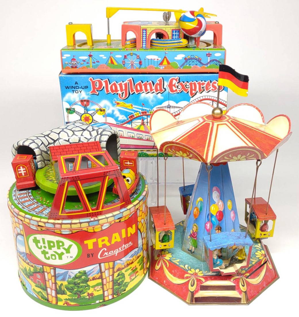 3 Contemporary Tin Windup Carnival Ride Toys Auction