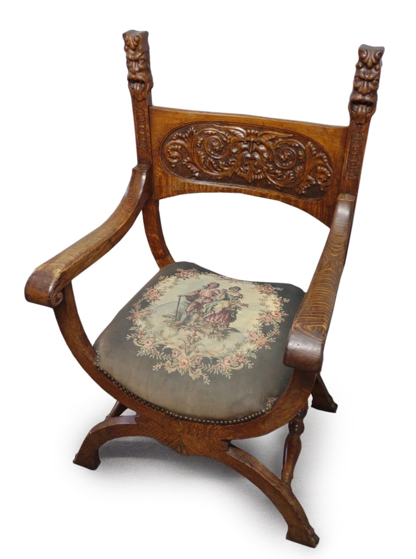 Renaissance Revival Curule Carved Armchair (1 of 14)