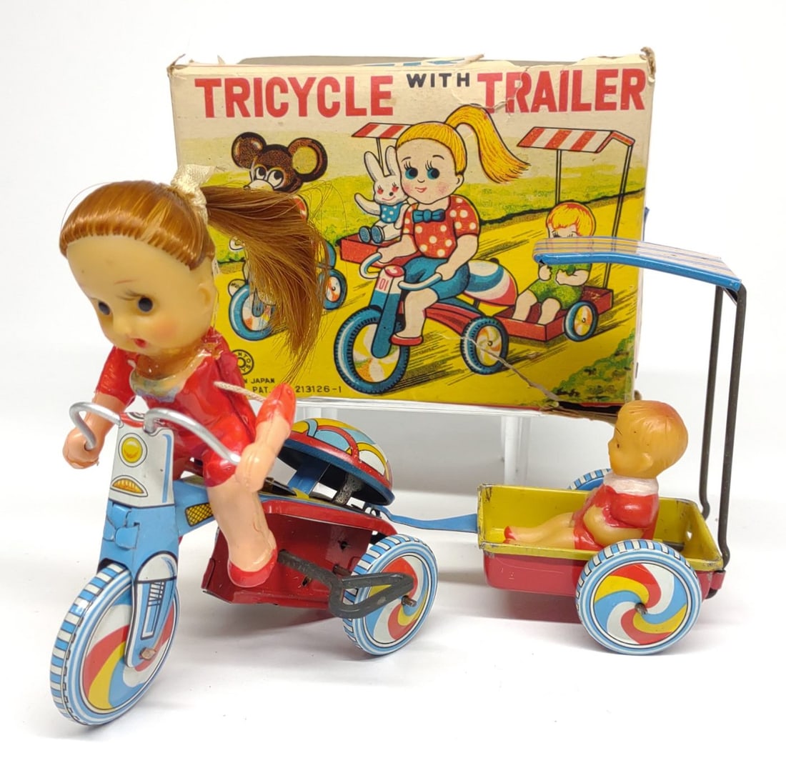 Japan Wind-up Tricycle with Trailer Toy & Box (1 of 8)