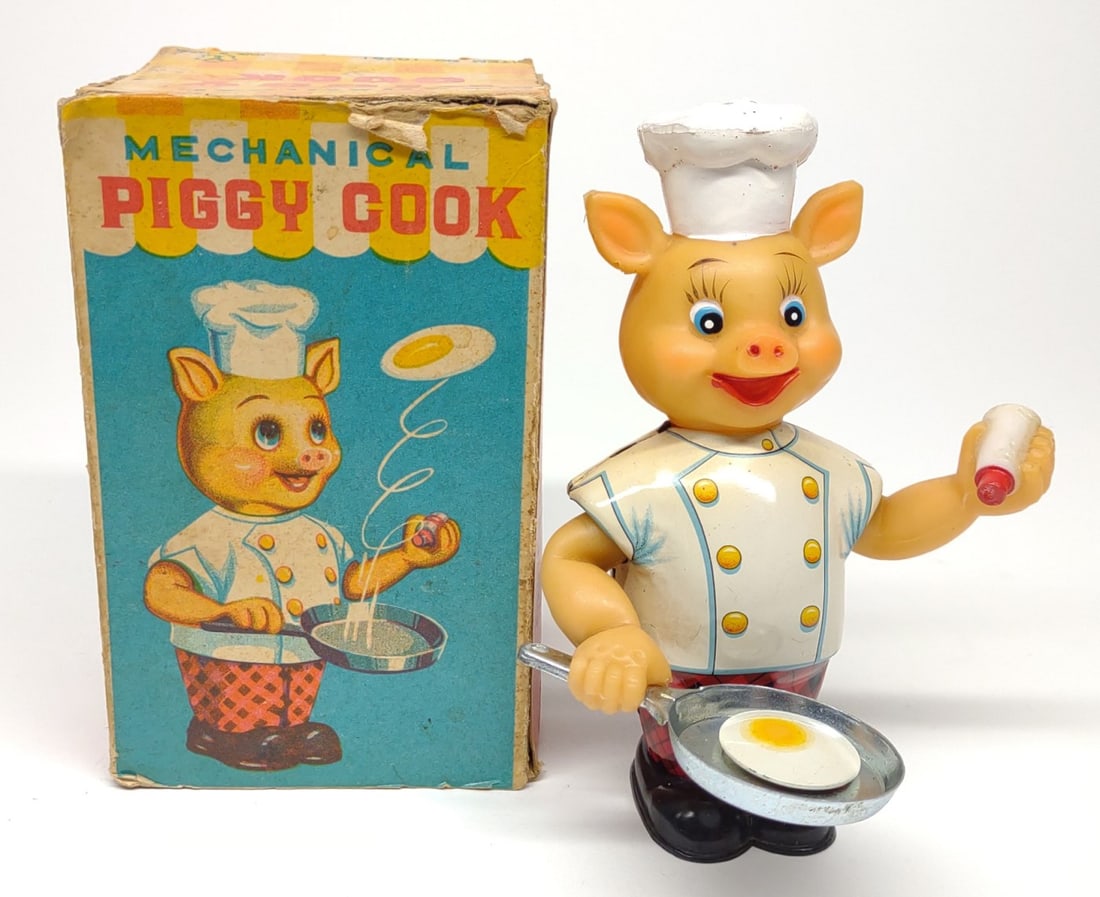 Japan Wind-up Piggy Cook Toy w/ Box (yonezawa): A vintage Japan mechanical windup tin toy by Yonezawa. Piggy Cook with original box (top box flap is detached, missing bottom flap). Working condition