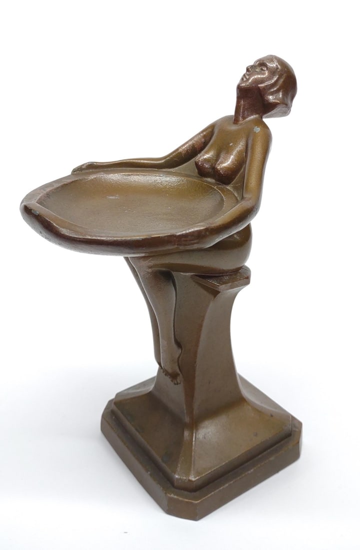Bronzart Art Deco Style Nude Figural Ashtray: A vintage, Art Deco style Bronzart ashtray / card stand of nude female sitting on pedestal. Backside is marked "Bronzart".