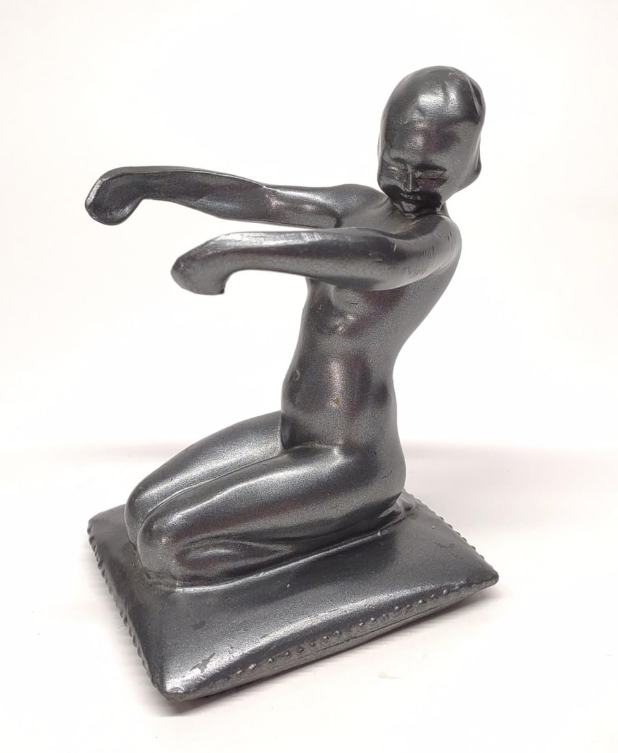 Frankart Art Deco Nude Figural Ashtray: A vintage, art deco era, figural ashtray of nude female kneeling on pillow. Marked "Frankart 27 T313". Good condition. Missing 3" ashtray bowl.