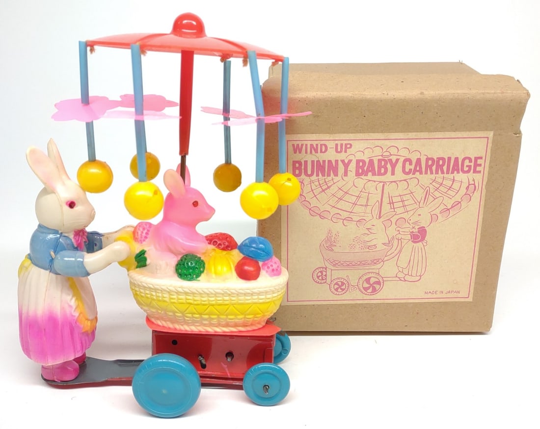 Japan Wind-up Celluloid Bunny Carriage Toy w/ Box (1 of 6)