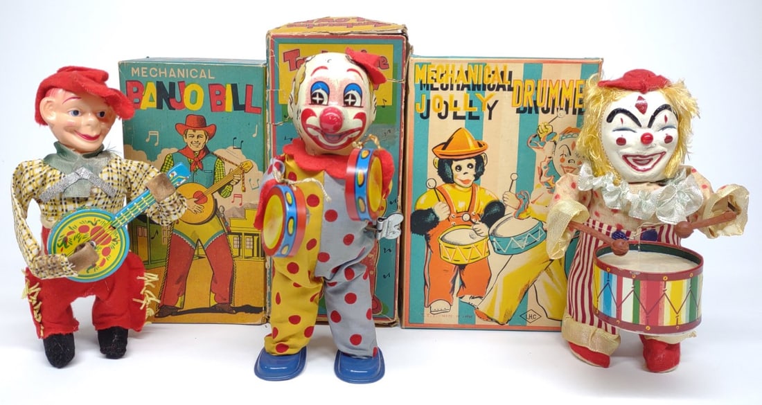 3 Japan Windup Musical Cowboy & Clown Toys w/ Box (1 of 8)