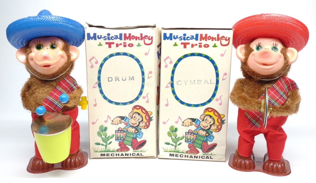 2 Japan Wind-up Musical Monkey Trio Toys w/ Box (1 of 10)