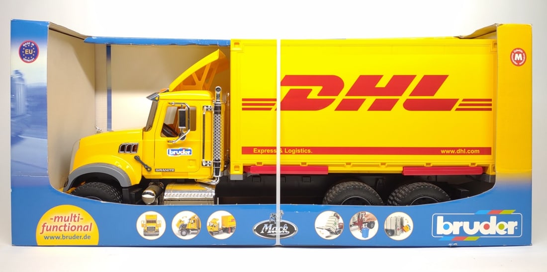Bruder #2817 DHL Mack Granite Truck Toy in Box: Bruder (germany) 1/16 scale DHL granite mack delivery truck toy in box. #2817.