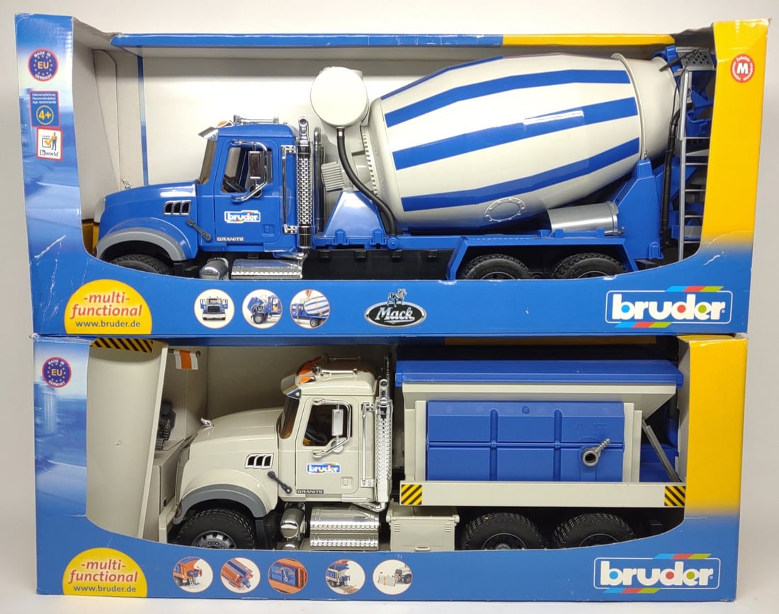 2 Bruder Mack Truck Toys in Box (Mixer & Plow): Two Bruder (Germany) toy mack trucks in boxes. Includes 2814 Mack Granite Cement Mixer and Mack Snow Plow. 1/16 scale.