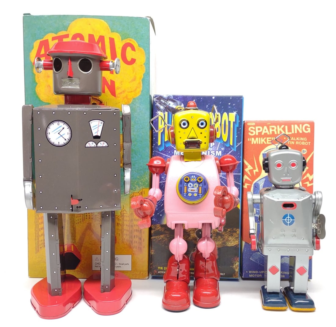 3 Contemporary Robot Wind-Up Tin Toys w/ Box (1 of 10)