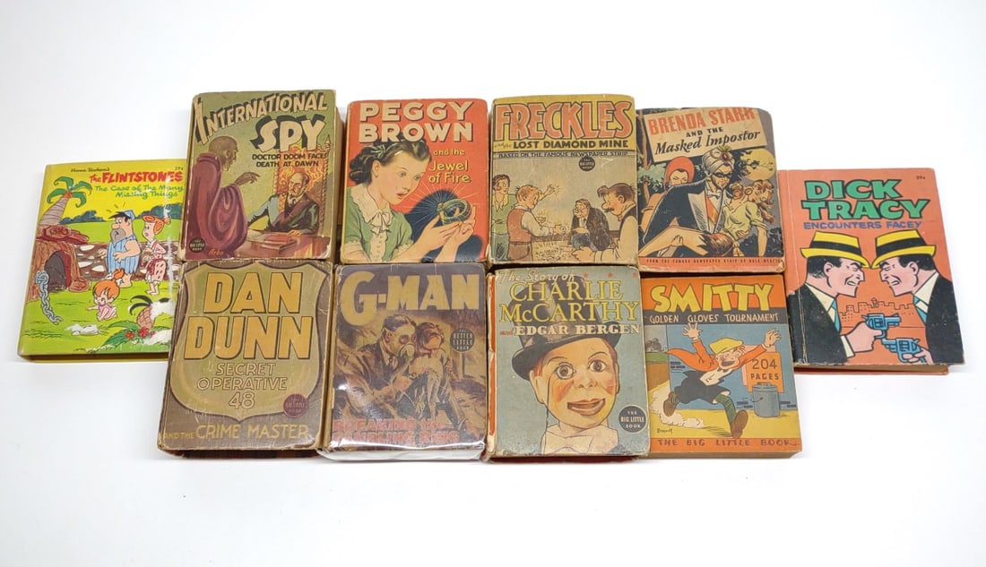 10 Big Little & Better Little Story Books: A mix of vintage big little books and better little books. Titles include Smitty, Charlie McCarthy, G-Man, International Spy, Freckles, Dick Tracy, Peggy Brown, Brenda Starr, Dan Dunn, and the Flintst
