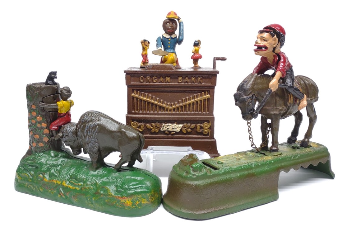 3 Vintage Cast Iron Coin Banks (Book of Knowledge) (1 of 16)