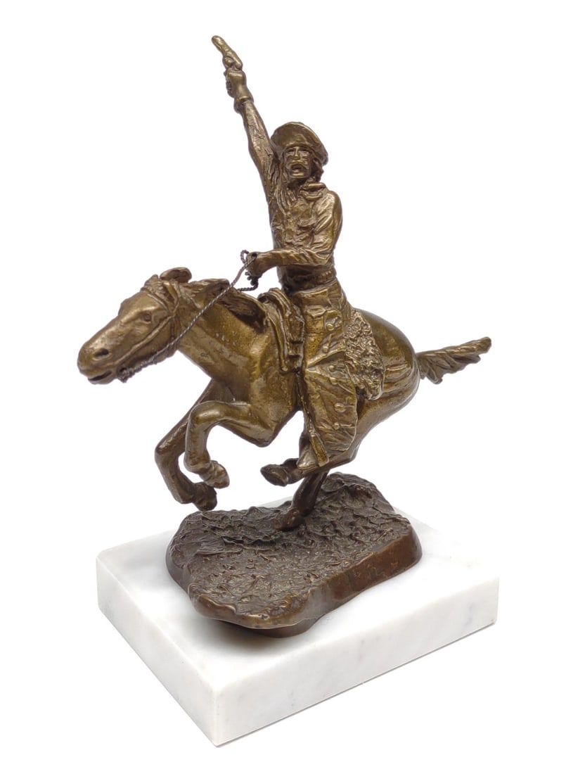 Bronze Cowboy On Horse Sculpture: A vintage bronze statue of a cowboy riding a horse on a marble base. Based after Frederic Remington. Unmarked. Measures 7" Tall.