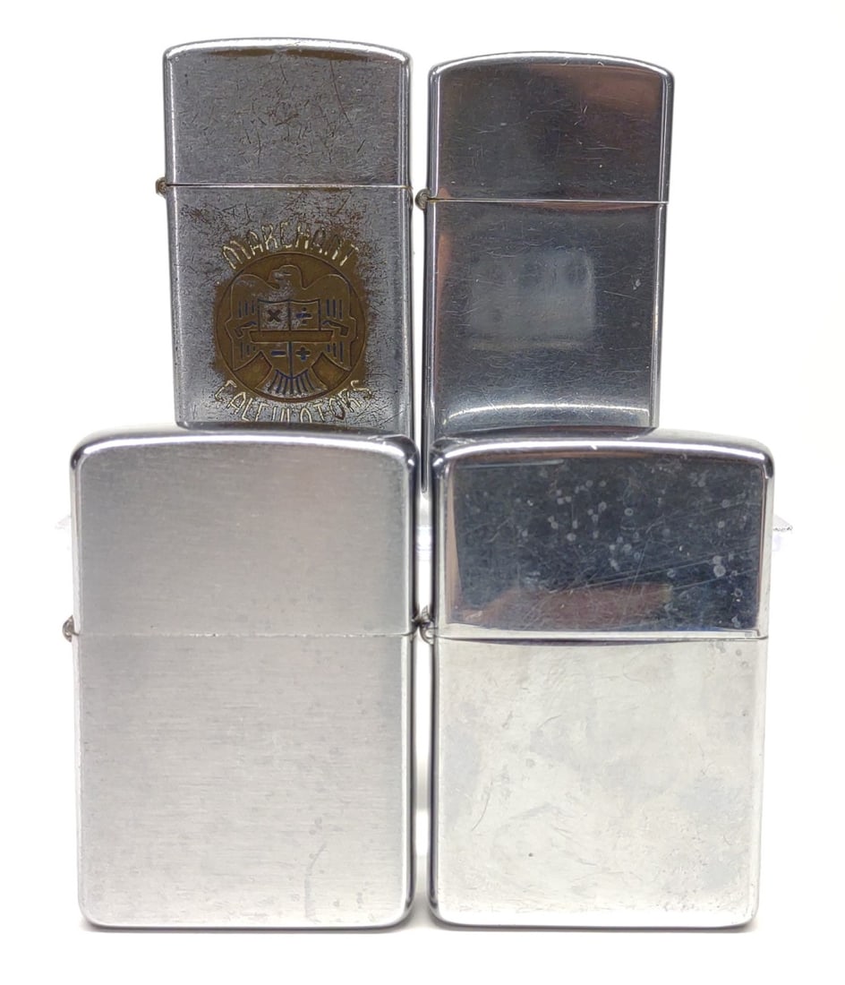 4 Vintage Zippo lighters: Lot of 4 vintage Zippo pocket lighters including Pat #234754 & #2517191 (3 lighters). Includes advertising for Marchant Calculators.In-house International shipping NOT available for this item. UPS thi