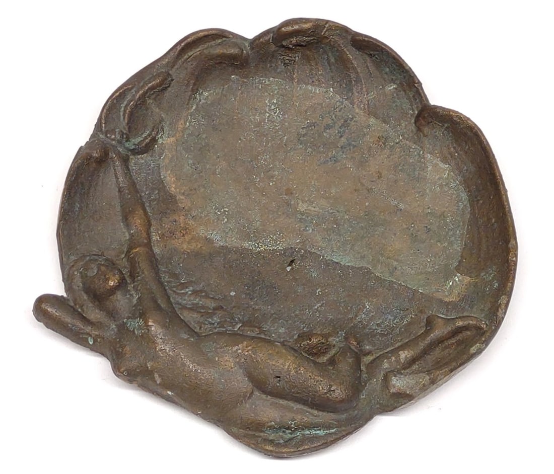 Art Nouveau Bronze Figural Nude Ashtray: Antique Art Nouveau cast bronze figural nude ash tray. Backside is marked "JB 942".