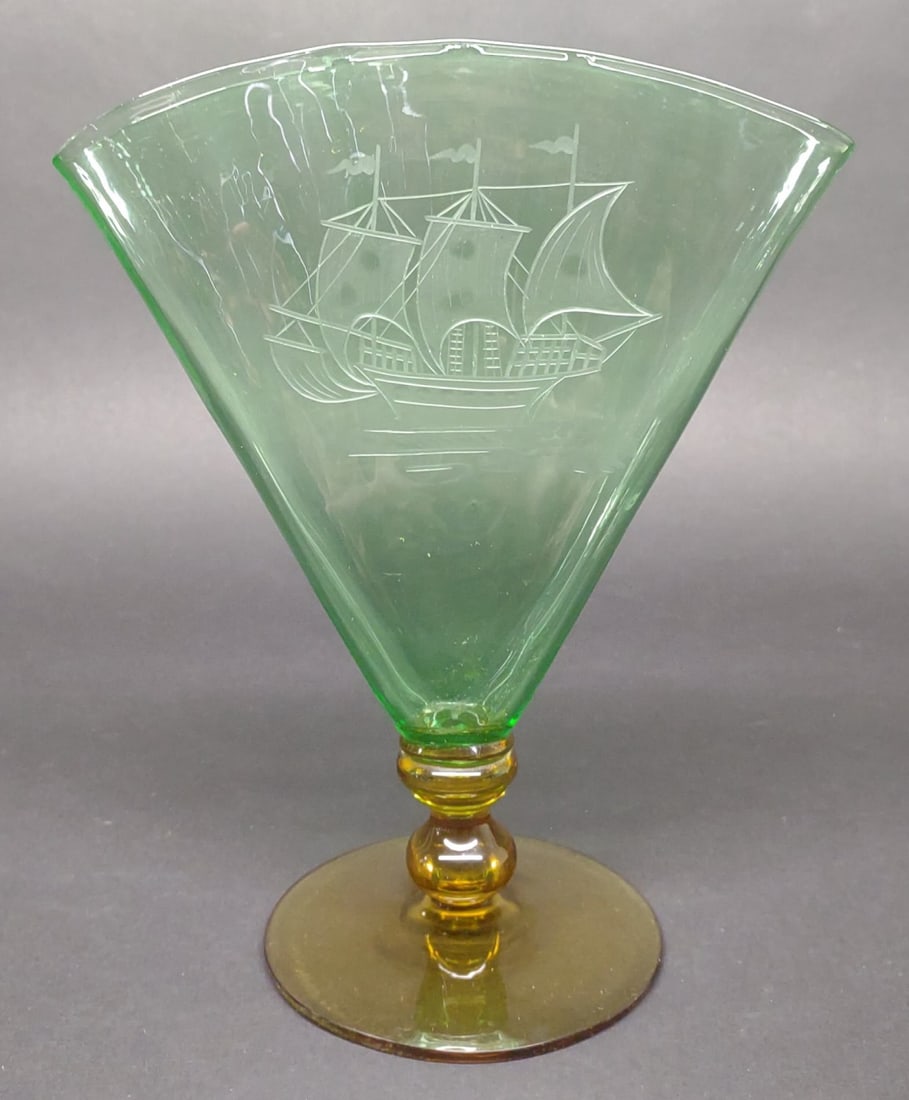 Steuben Signed Art Glass Fan Vase w/ Ship Etching (1 of 10)