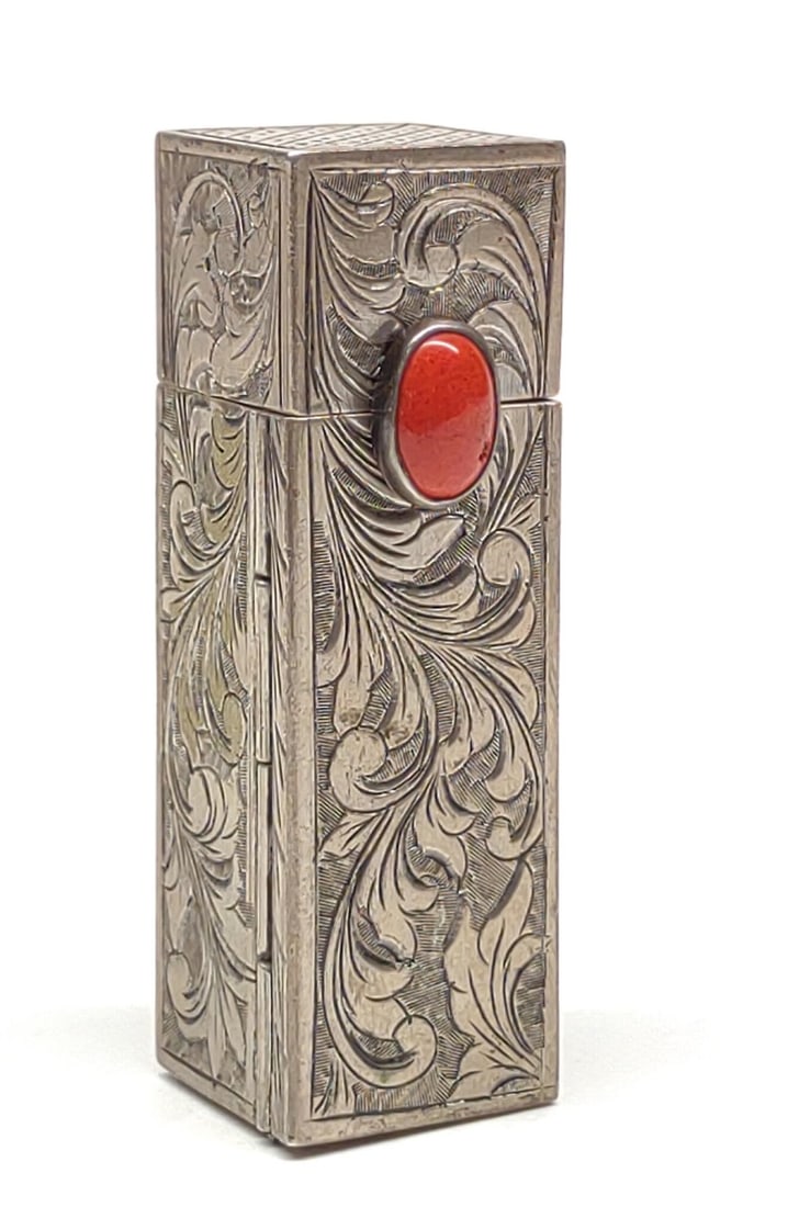 Sterling Silver Lipstick Compact w/ Coral (1 of 10)