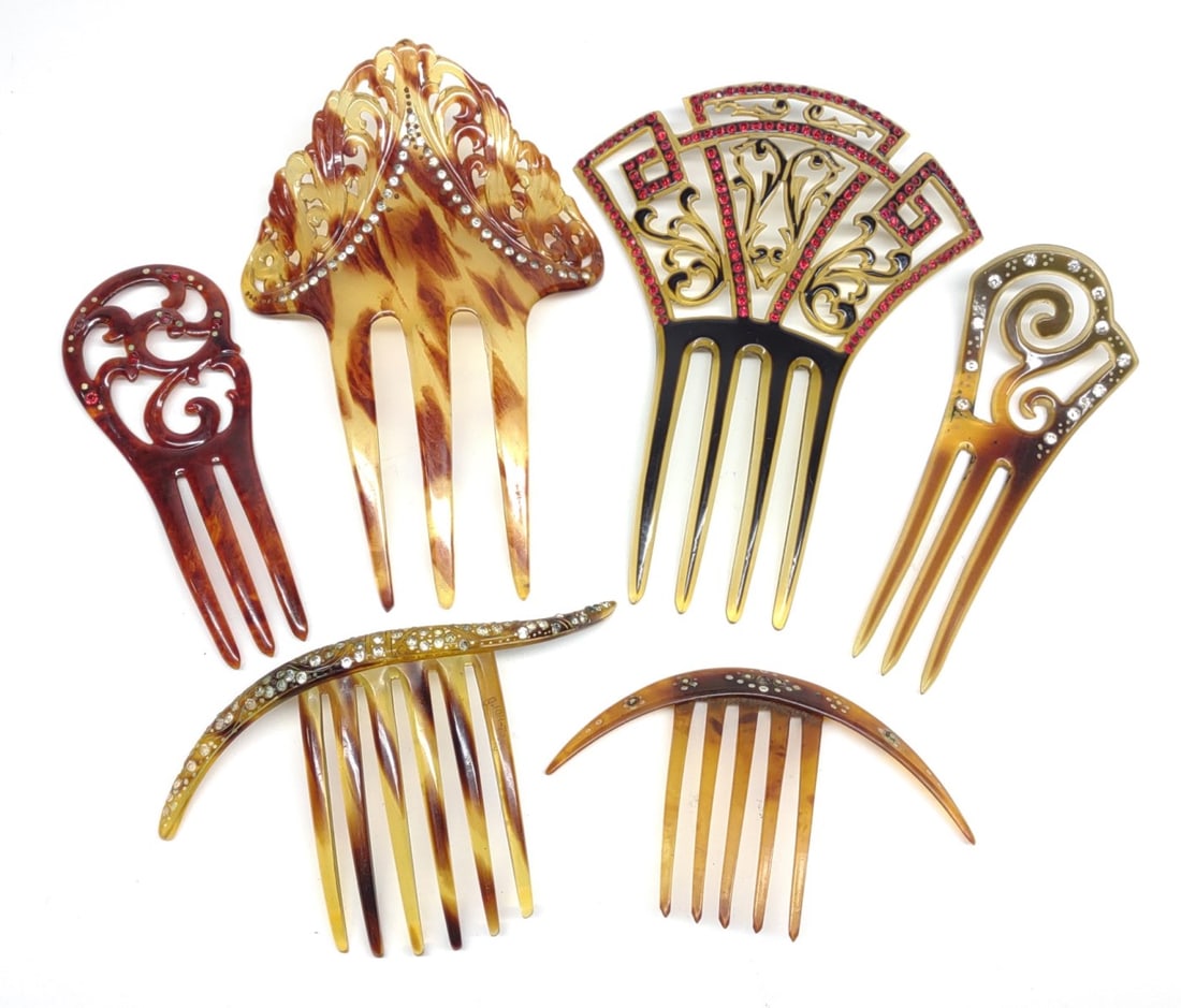 6 Art Deco Hair Combs - B: 6 antique hair combs all containing rhinestones.In-house International shipping NOT available for this item. UPS third party or private arrangement only.