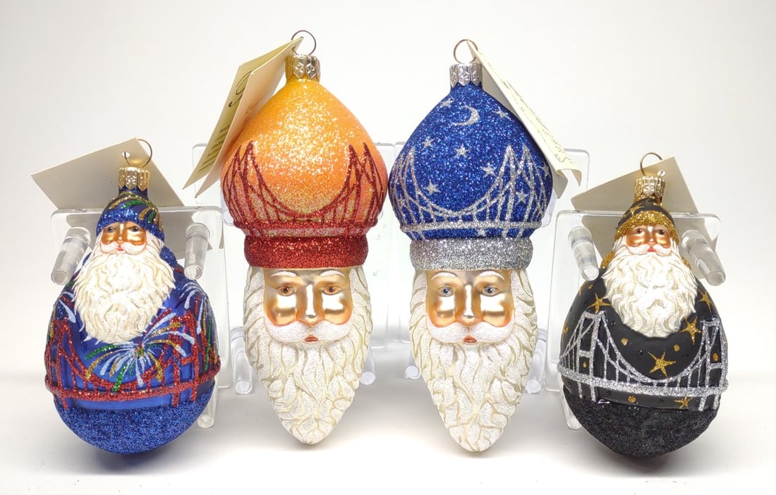 4 Patricia Breen Glass Christmas Ornaments: 4 Patricia Breen figural hand painted San Francisco themed glass christmas tree ornaments. Each ornament depicts santa w/ the Golden Gate bridge. All have original tags and are in excellent condition.
