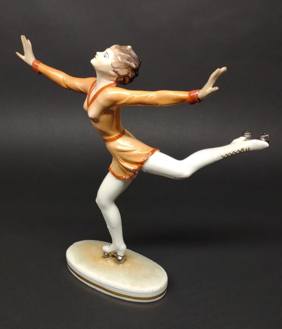 Art Deco Style Porcelain Roller Skating Dancer: A vintage, Art Deco style, F.W. Wessel Frankenthal, Germany porcelain figurine / sculpture of roller skating dancer. Stands 10 1/4" tall. Great condition with no chips or cracks. Makers mark on unders