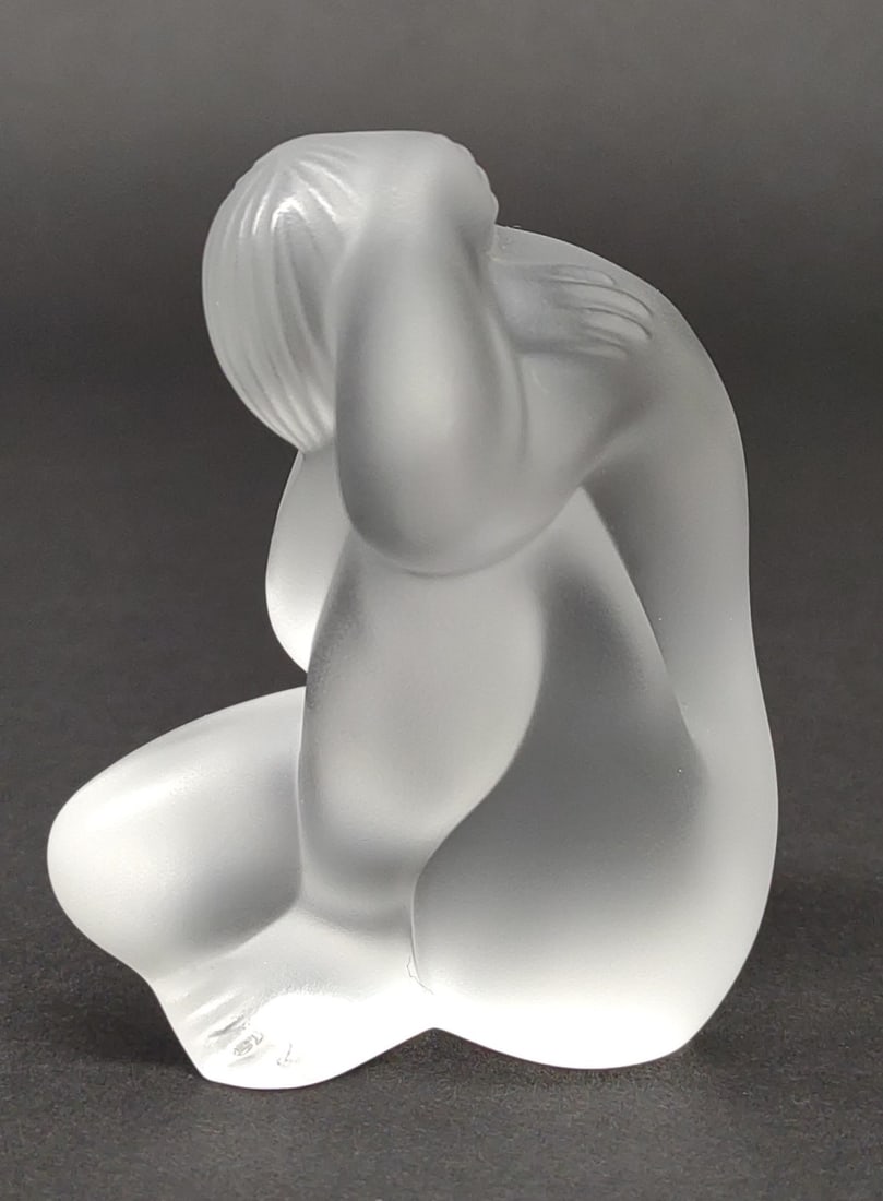 Lalique Nude Glass Figure 1996 Collectors Society: 1996 collectors society crystal Lalique figurine of nude lady. Acid etched and signed lalique on underside. Numbered 2396. Good condition with no chips or cracks.